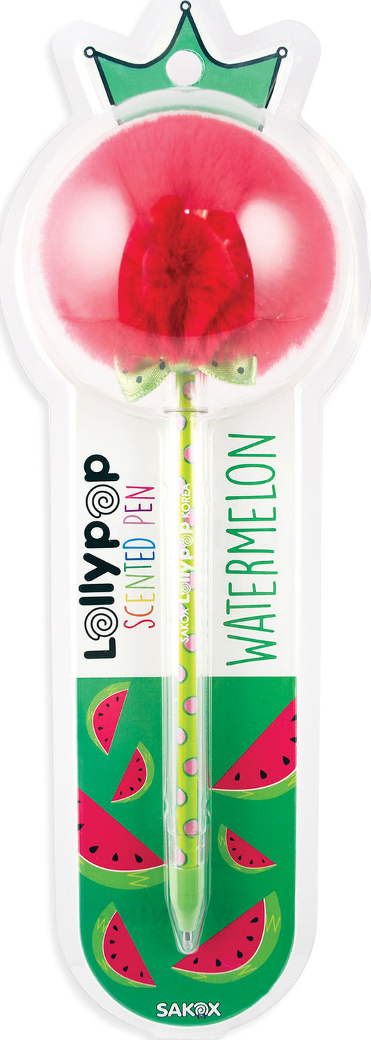 Sakox watermelon scented lollypop pen with colorful pom pom design and protective case