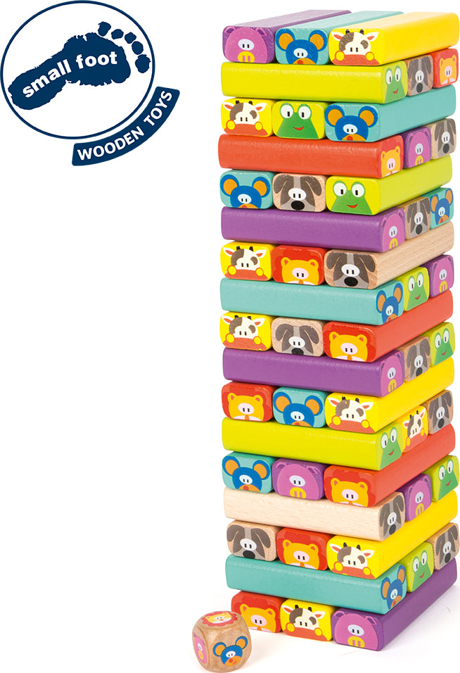 Wobbling tower animals wooden stacking game with colorful animal pieces for balance and coordination