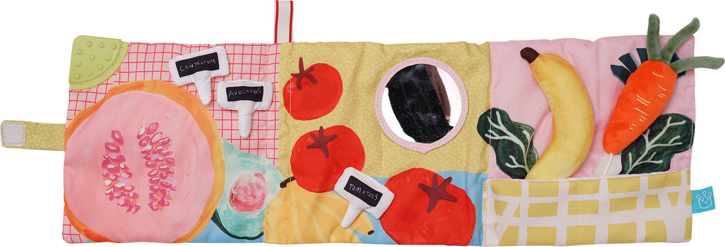 Manhattan Toy Mini-Apple Farm soft activity book with crinkle sounds, discovery mirror, and textured teether for babies and toddlers