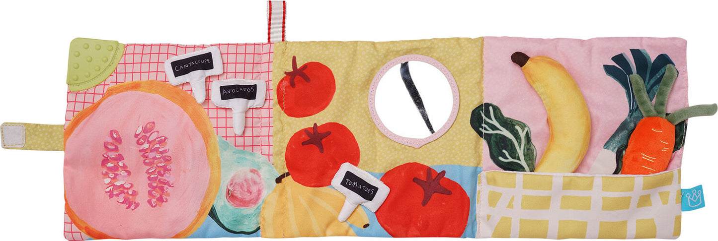 Manhattan Toy Mini-Apple Farm soft activity book with crinkle sounds, discovery mirror, and textured teether for babies and toddlers