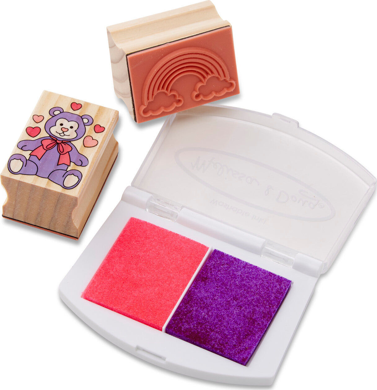 Melissa & Doug Friendship stamp set with wooden stamps, ink pads, and friendship-themed designs