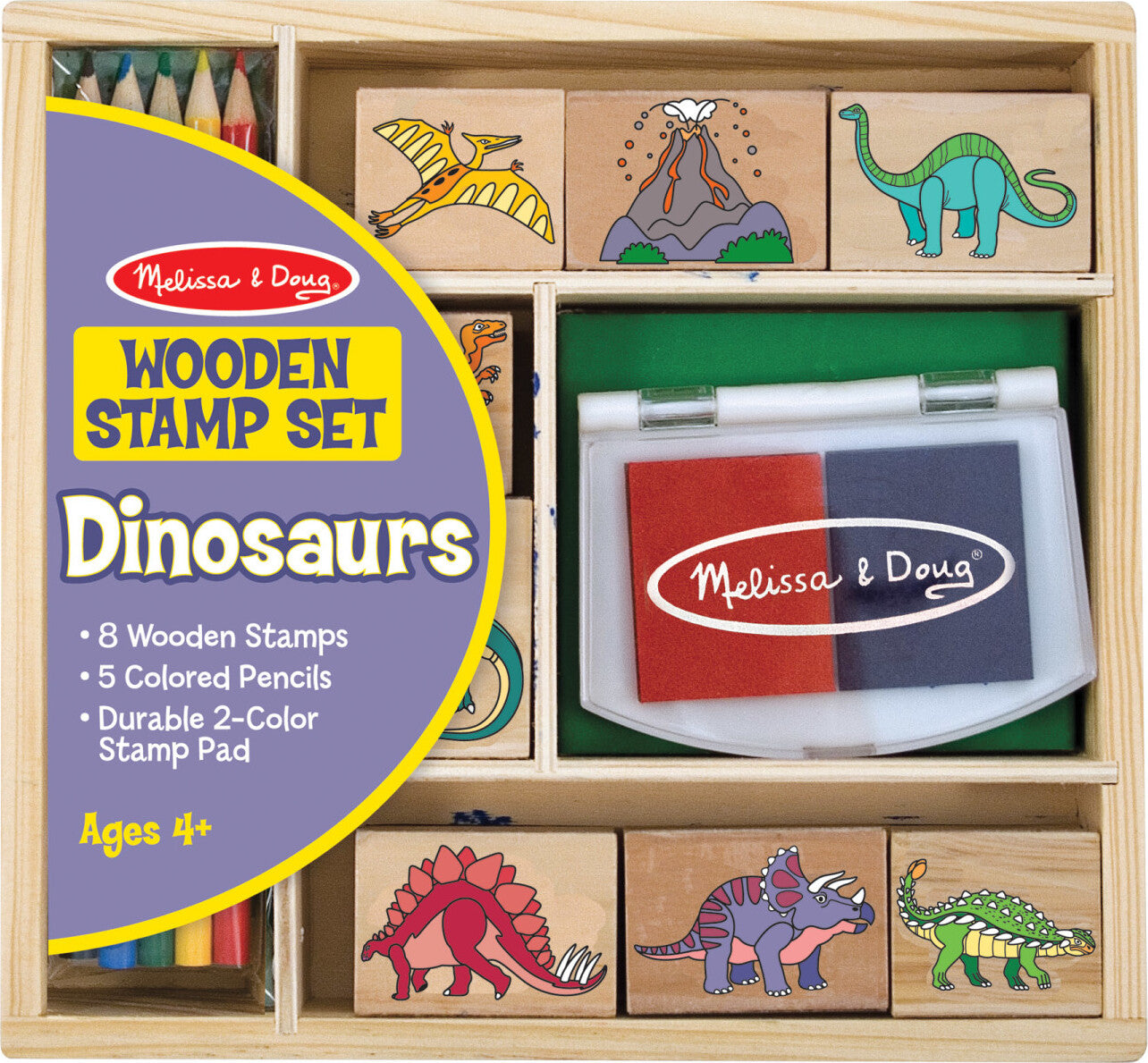 Wooden Stamp Set Dinosaurs with prehistoric creature designs and ink pad for creative stamping activities