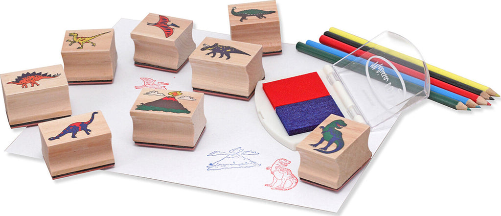 Wooden Stamp Set Dinosaurs with prehistoric creature designs and ink pad for creative stamping activities