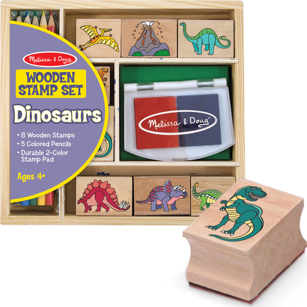 Wooden Stamp Set Dinosaurs with prehistoric creature designs and ink pad for creative stamping activities