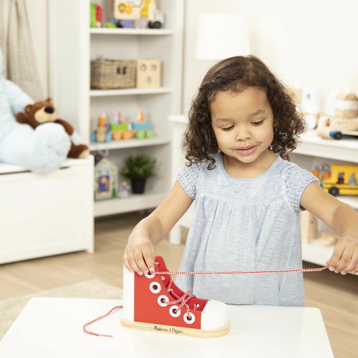Wooden Lacing Shoe toy for teaching kids shoe tying and fine motor development