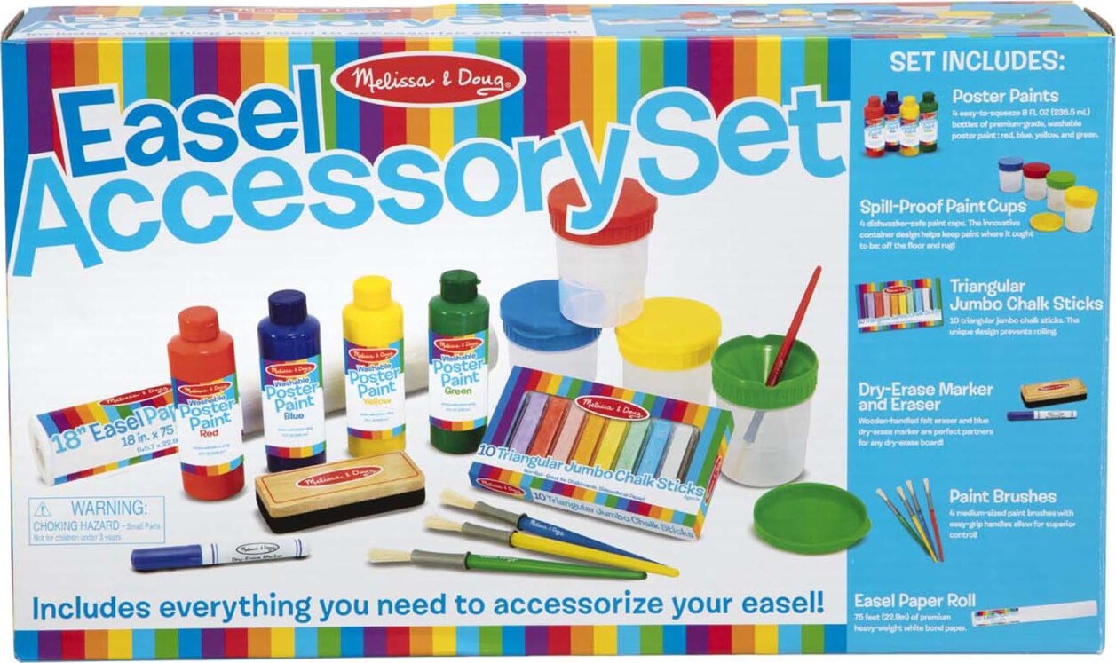 Melissa & Doug Easel Companion accessory set with paints, brushes, chalk, erasers, and art supplies