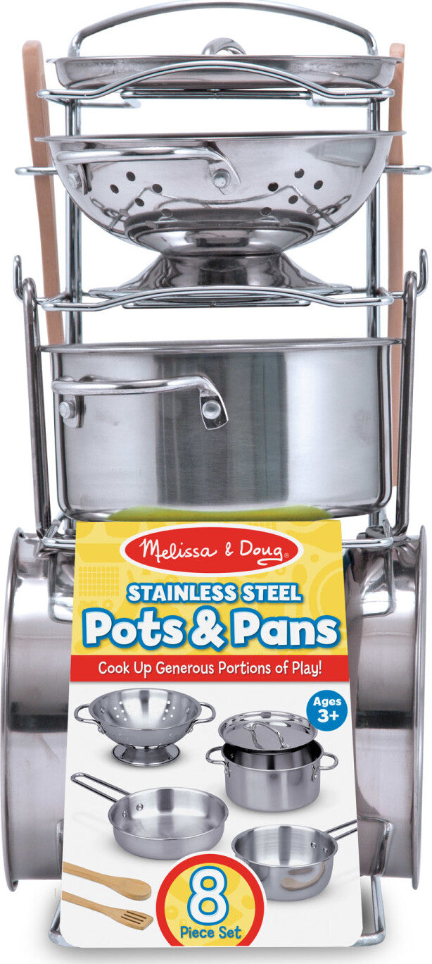 Let's Play House! Stainless Steel Pots & Pans Play Set with colander, three pans, storage rack and wooden utensils by Melissa & Doug