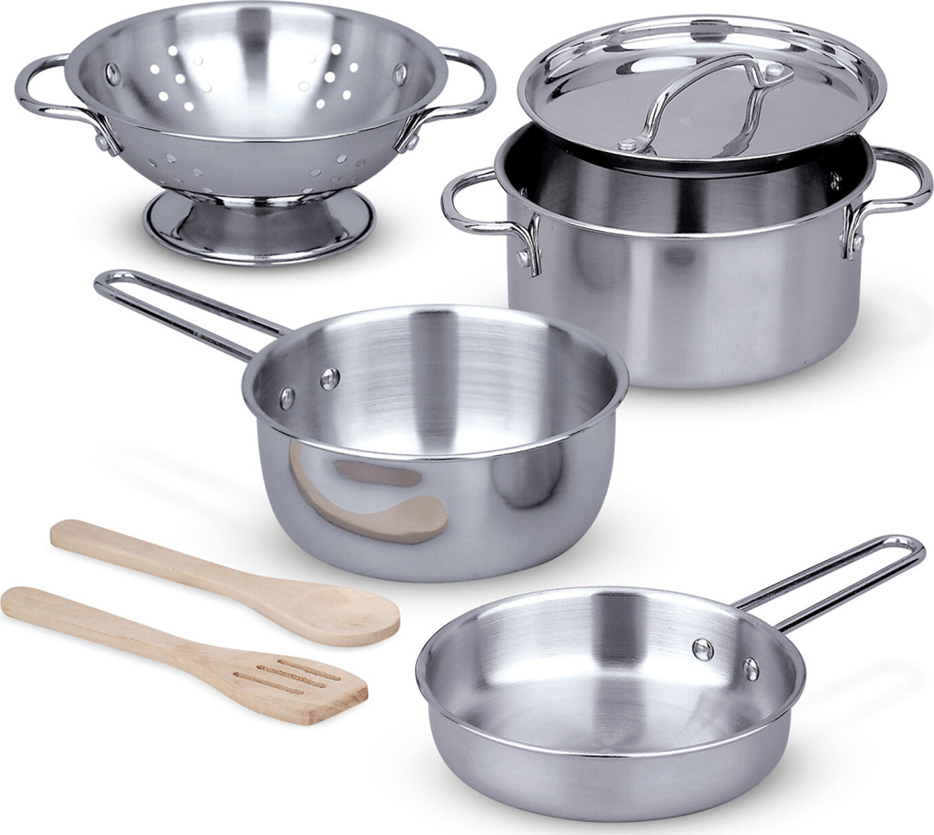 Let's Play House! Stainless Steel Pots & Pans Play Set with colander, three pans, storage rack and wooden utensils by Melissa & Doug