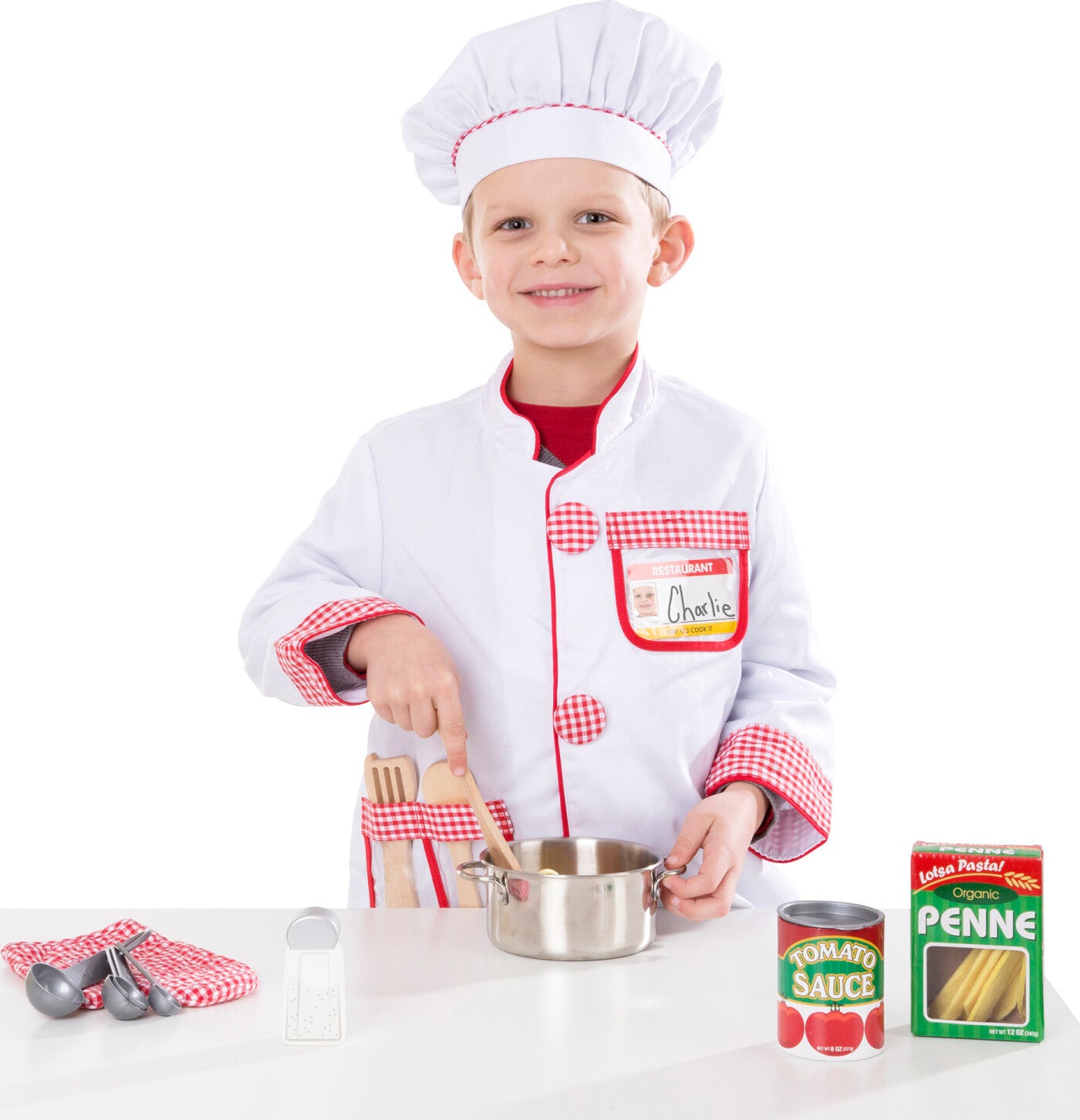 Let's Play House! Stainless Steel Pots & Pans Play Set with colander, three pans, storage rack and wooden utensils by Melissa & Doug