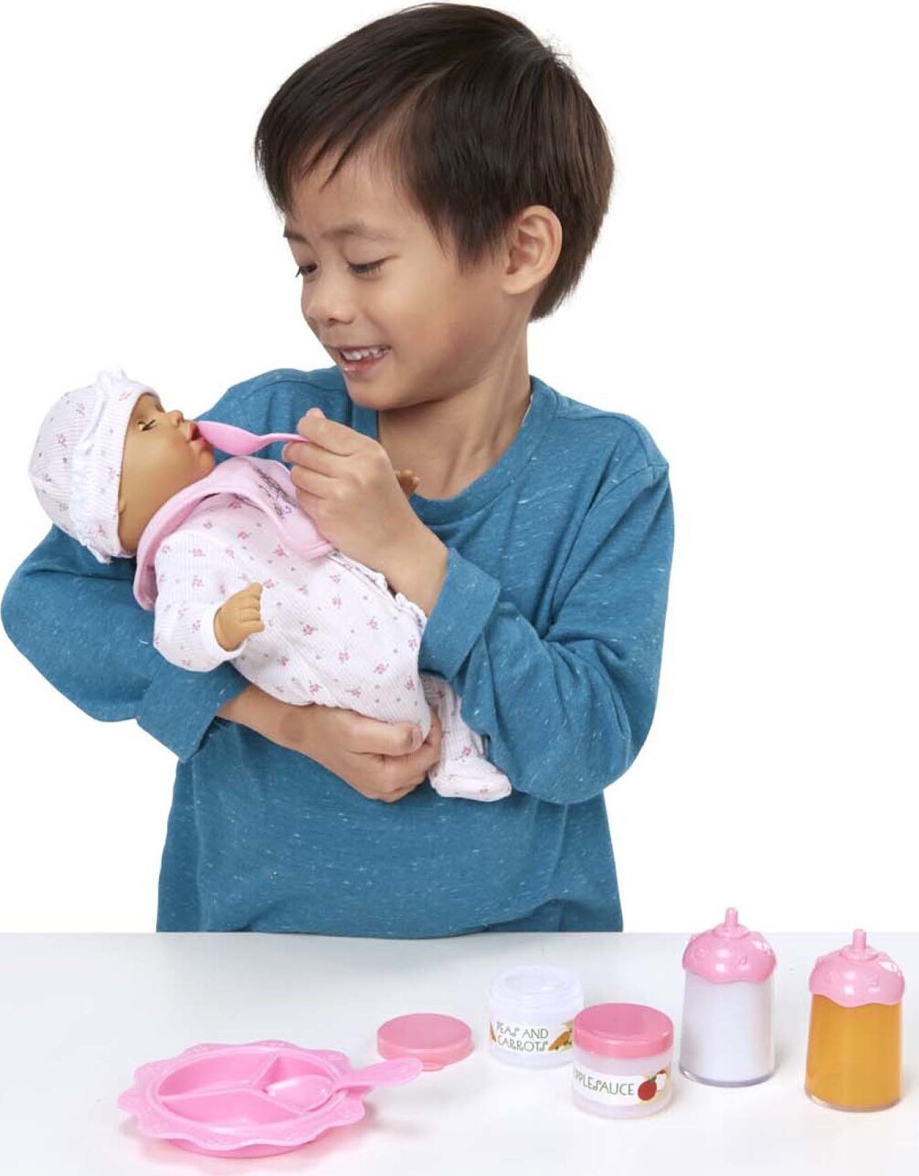 Melissa & Doug Mine to Love Baby Food & Bottle Set with bib, dishes, utensils, and pretend food