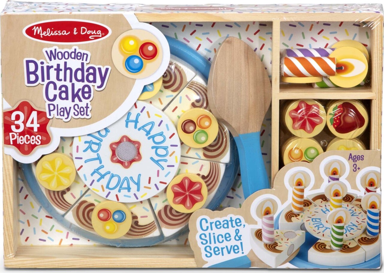 Birthday Party Wooden Play Food set with 6 cake slices, candles, toppings, cake plate and server with slicing sounds