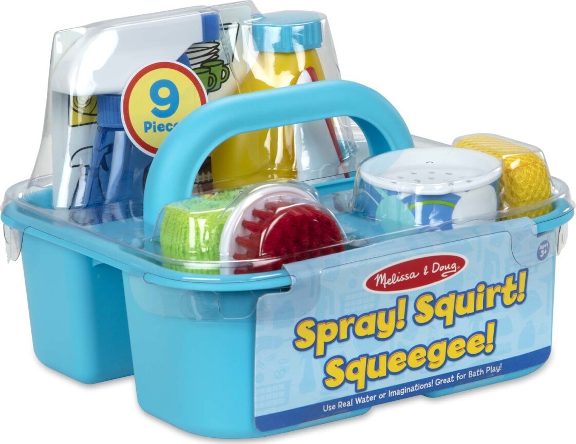 Let's Play House Spray, Squirt & Squeegee Play Set with 9 cleaning tools including spray bottles, squeegee and storage caddy