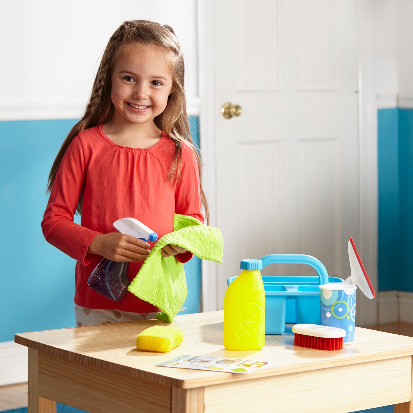 Let's Play House Spray, Squirt & Squeegee Play Set with 9 cleaning tools including spray bottles, squeegee and storage caddy