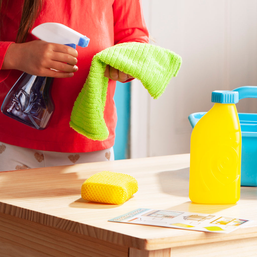 Let's Play House Spray, Squirt & Squeegee Play Set with 9 cleaning tools including spray bottles, squeegee and storage caddy