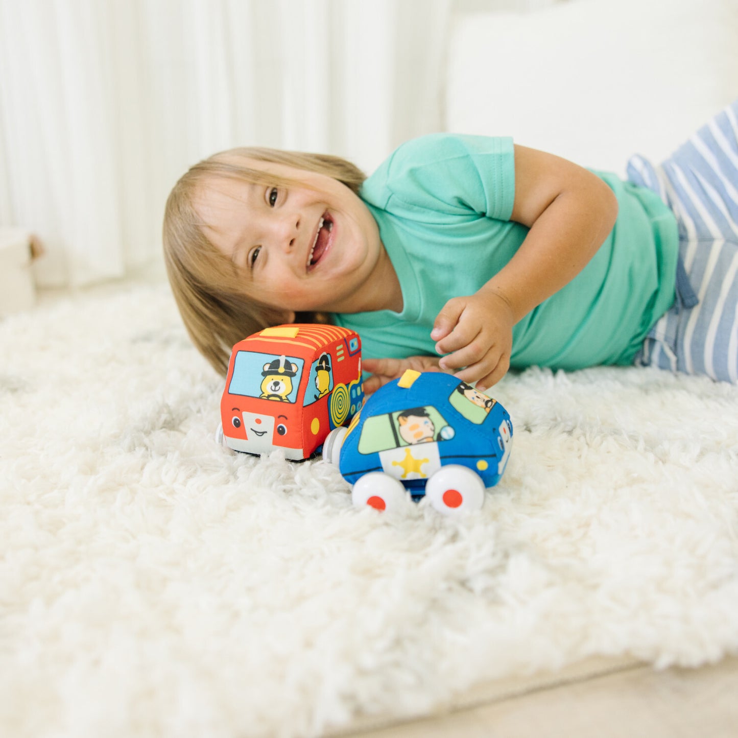 Melissa & Doug pull-back soft vehicles set with car, truck, and emergency vehicles for toddlers