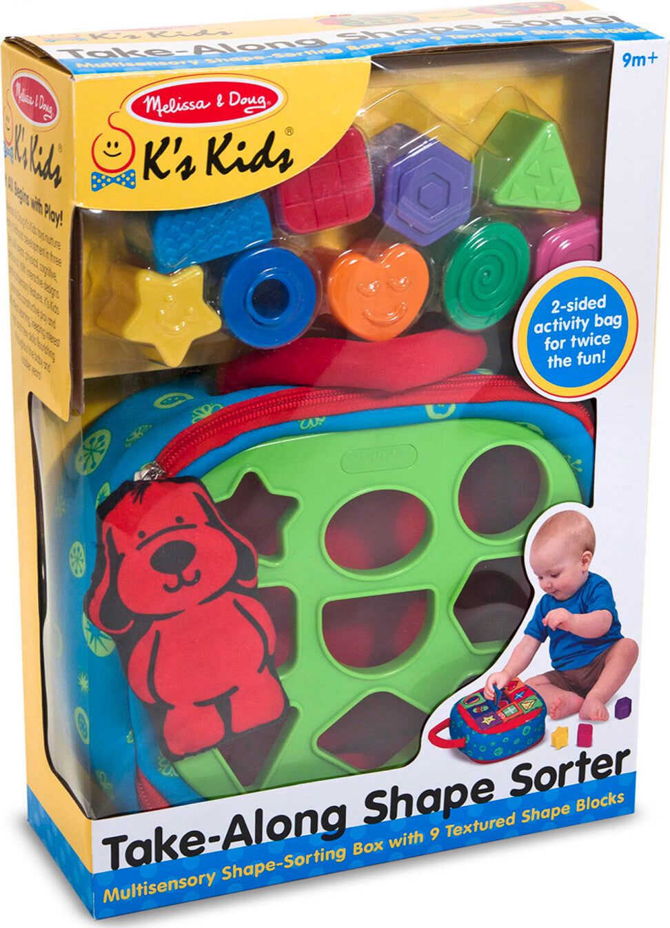 Melissa & Doug take-along shape sorter with colorful shapes and portable carrying handle for babies