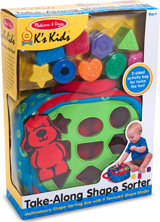 Melissa & Doug take-along shape sorter with colorful shapes and portable carrying handle for babies