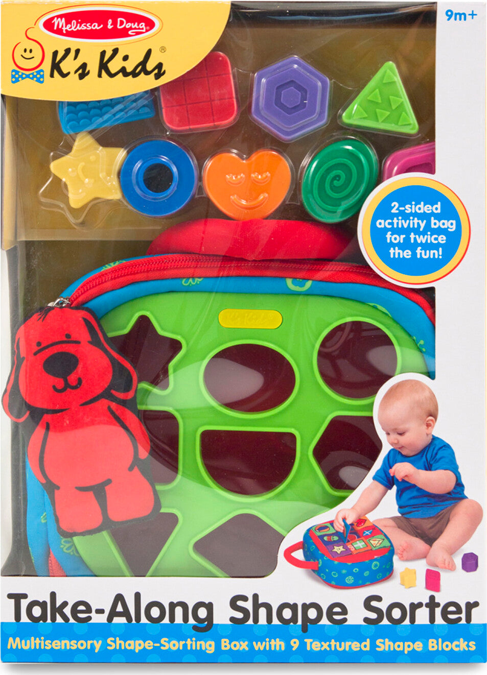 Melissa & Doug take-along shape sorter with colorful shapes and portable carrying handle for babies