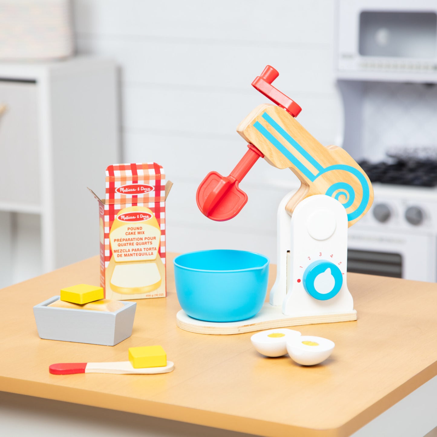 Wooden Make-a-Cake Mixer Set with realistic mixer, ingredients, recipe card and cake pan for pretend baking play