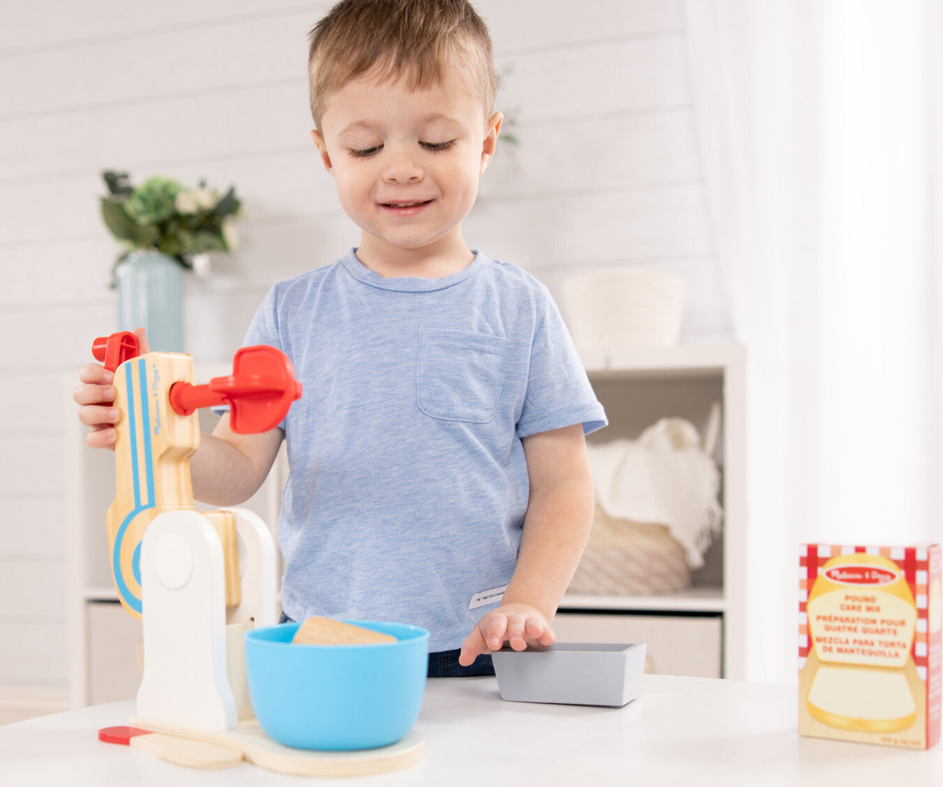 Wooden Make-a-Cake Mixer Set with realistic mixer, ingredients, recipe card and cake pan for pretend baking play