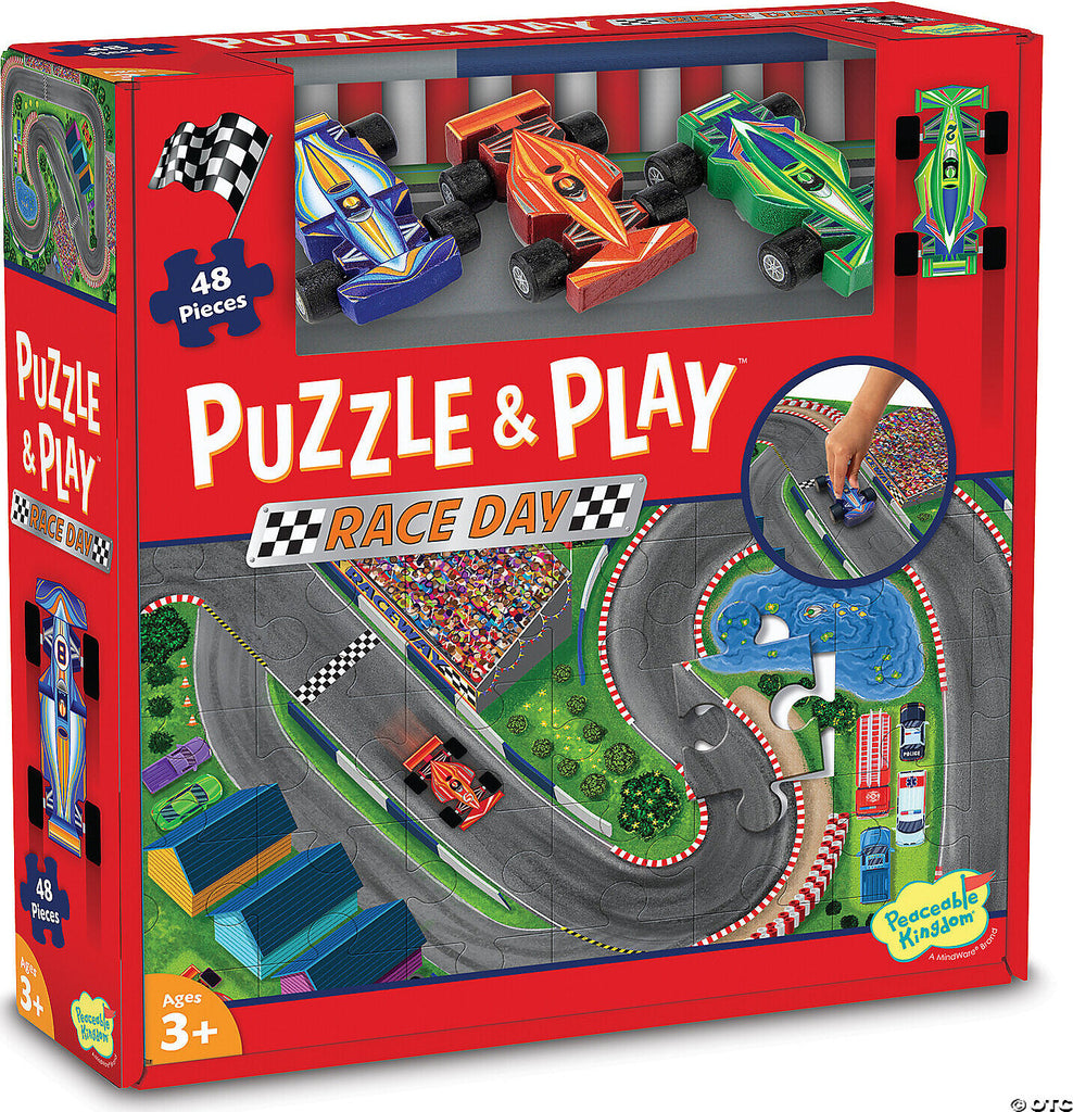 Puzzle and Play Race Day Floor Puzzle with race car theme for interactive learning