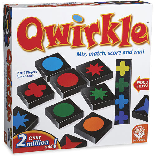 Qwirkle strategy tile game with colorful shapes and tiles for family game night, combining colors and patterns