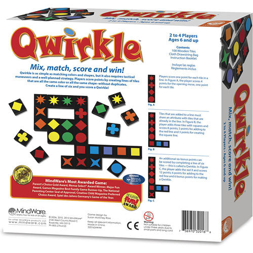 Qwirkle strategy tile game with colorful shapes and tiles for family game night, combining colors and patterns