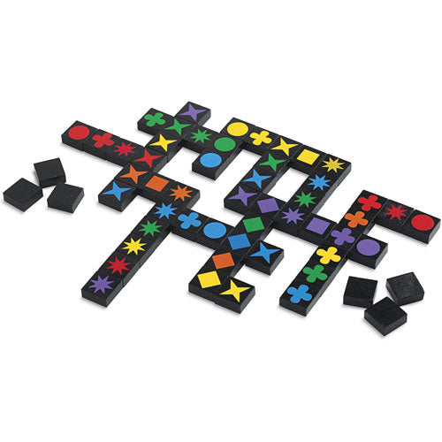Qwirkle strategy tile game with colorful shapes and tiles for family game night, combining colors and patterns
