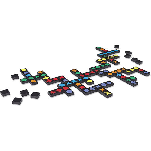 Qwirkle strategy tile game with colorful shapes and tiles for family game night, combining colors and patterns