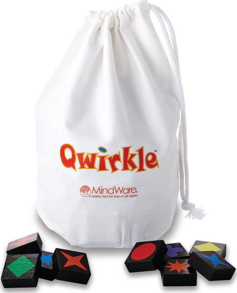 Qwirkle strategy tile game with colorful shapes and tiles for family game night, combining colors and patterns