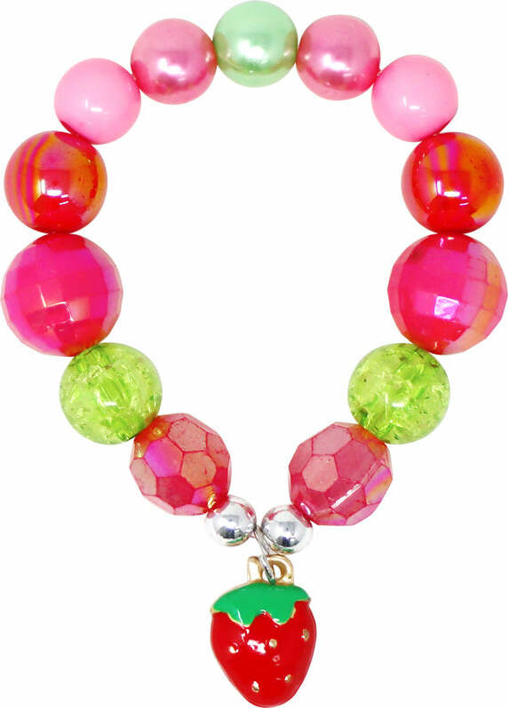 Hot Pink Strawberry Charm Stretch Beaded Bracelet with red, pink and green iridescent beads and enamel strawberry charm