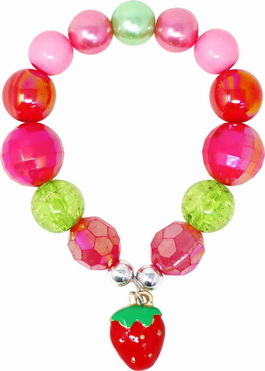 Hot Pink Strawberry Charm Stretch Beaded Bracelet with red, pink and green iridescent beads and enamel strawberry charm
