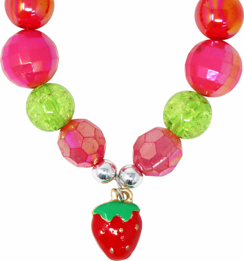 Hot Pink Strawberry Charm Stretch Beaded Bracelet with red, pink and green iridescent beads and enamel strawberry charm