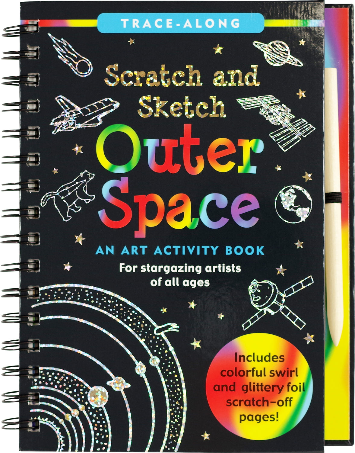 Scratch & Sketch Outer Space trace-along art book with wooden stylus revealing colorful space scenes