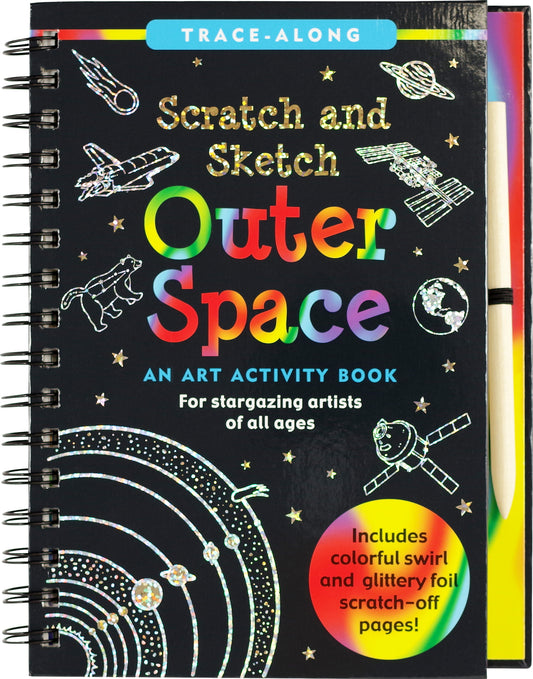 Scratch & Sketch Outer Space trace-along art book with wooden stylus revealing colorful space scenes