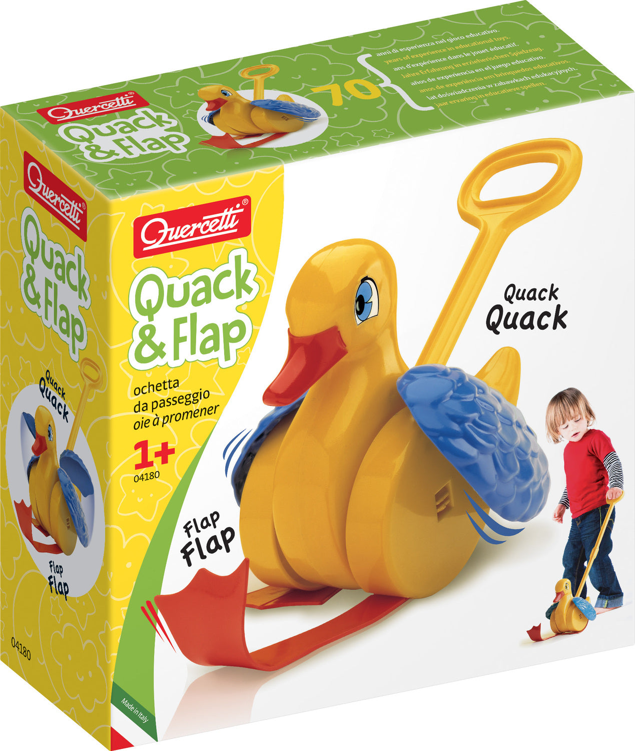 Quack & Flap Duck push toy with moving wings and webbed legs for toddler walking and motor skill development