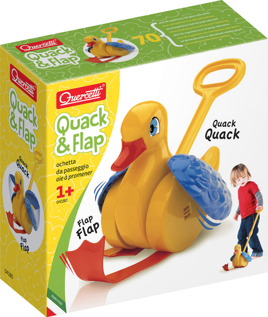 Quack & Flap Duck push toy with moving wings and webbed legs for toddler walking and motor skill development