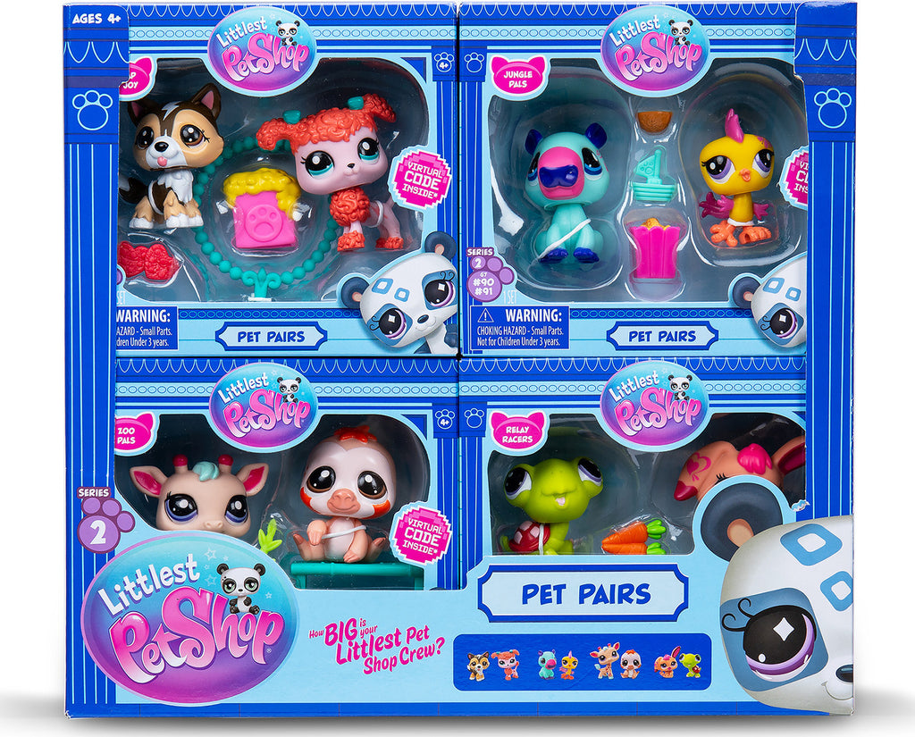 Littlest Pet Shop Pet Pairs assorted collectible duos including Jungle Pals, Zoo Pals, and Relay Racers with accessories