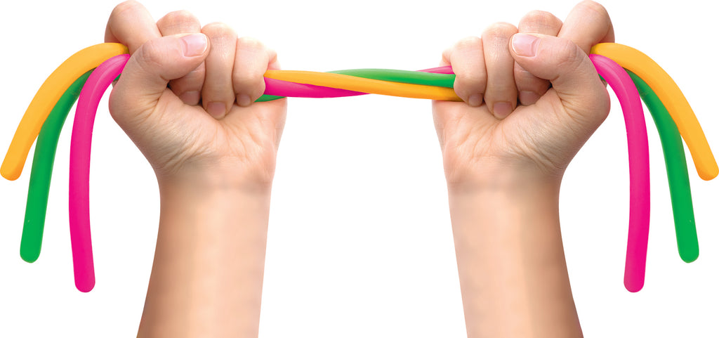 Colorful stretchy Noodlies sensory toys that can be stretched, squished, and twisted for active play