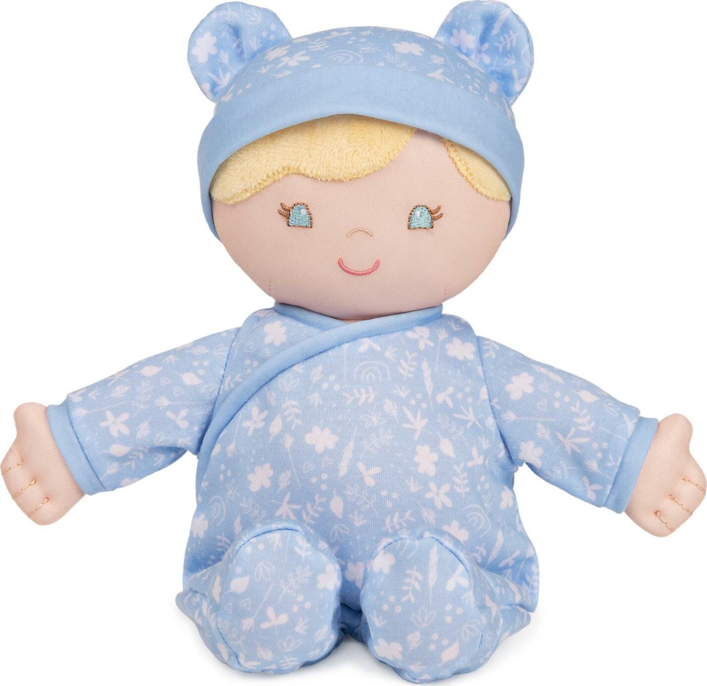 Aster eco-friendly 100% recycled baby doll in blue outfit, 12 inches tall