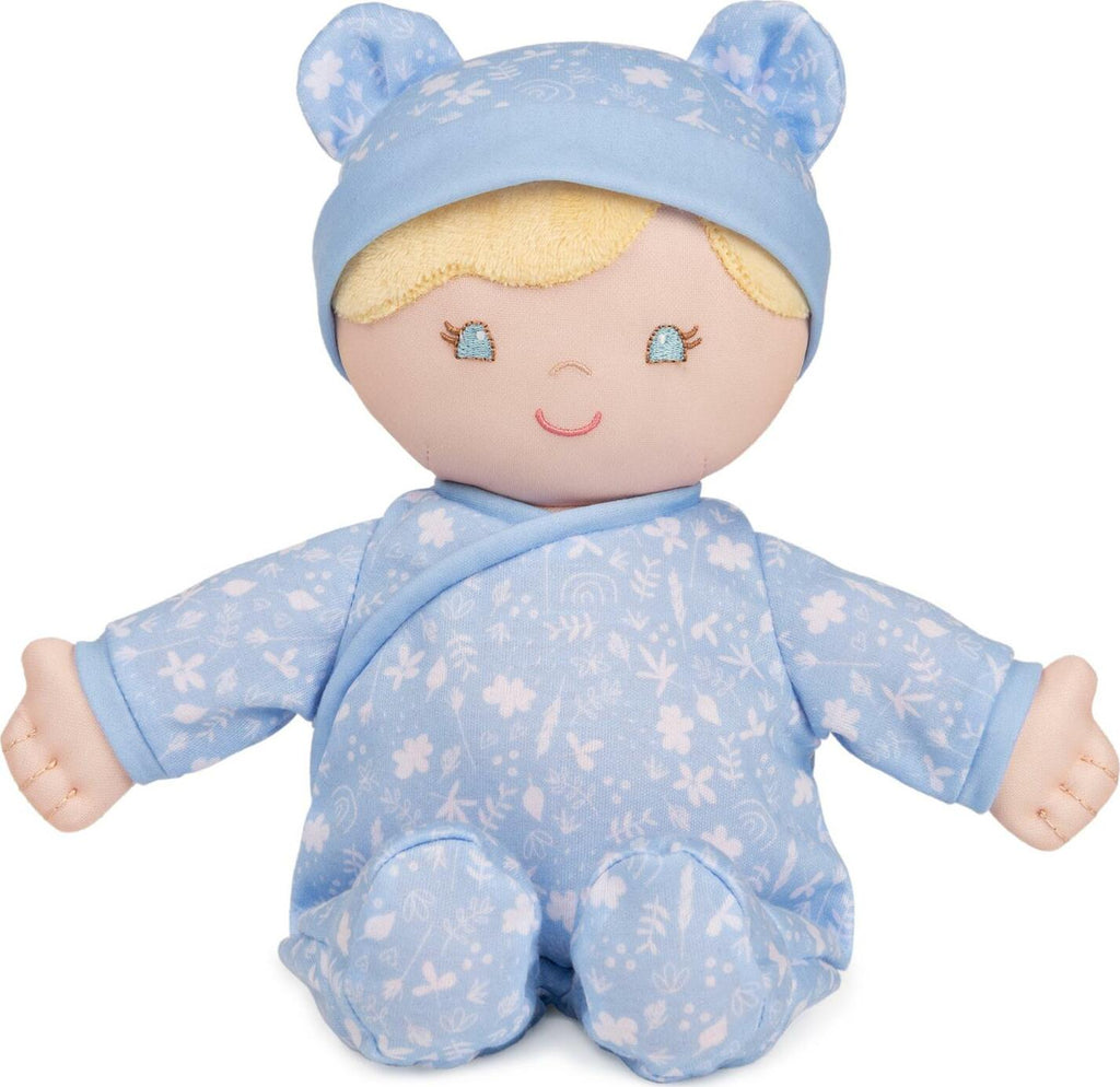 Aster eco-friendly 100% recycled baby doll in blue outfit, 12 inches tall