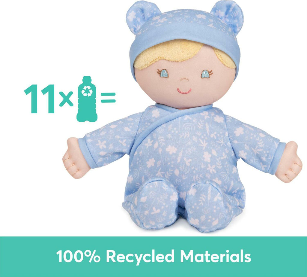 Aster eco-friendly 100% recycled baby doll in blue outfit, 12 inches tall