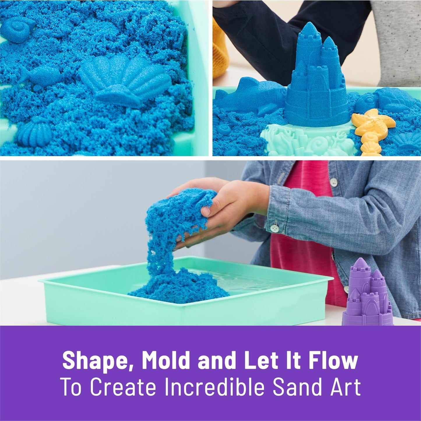 Kinetic Sand Sandbox Set with 1 pound of blue kinetic sand for magical moldable sensory play adventures
