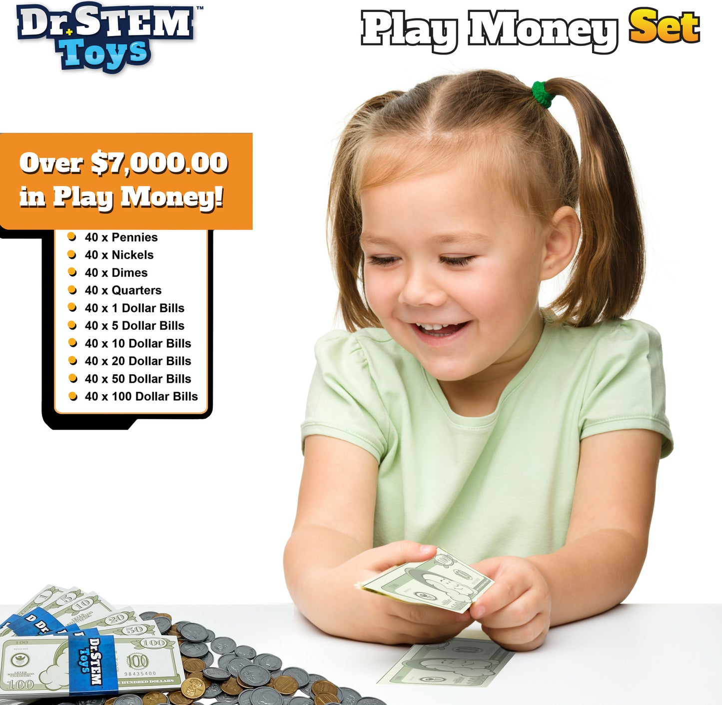 Play Money Set with $7,000 realistic play currency, 400 pieces for educational pretend play