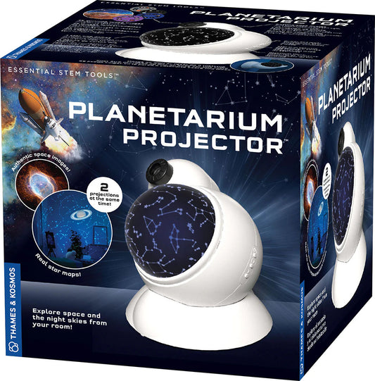 Planetarium projector displaying star maps and space images on ceiling and walls with LED lights