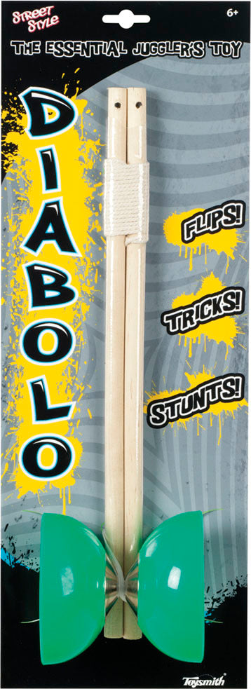 Street Style Diabolo 14.5 inch juggling toy with spinning spool, string sticks and instructions in assorted colors