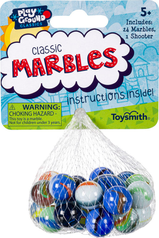 Playground Classics Classic Marbles assorted glass marbles with shooter in net bag featuring various colors and patterns