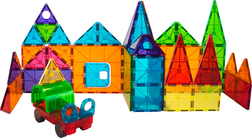 MAGNA-TILES DX 48-Piece Magnetic Construction Set with unique deluxe shapes including arch, hinged door and wheeled chassis
