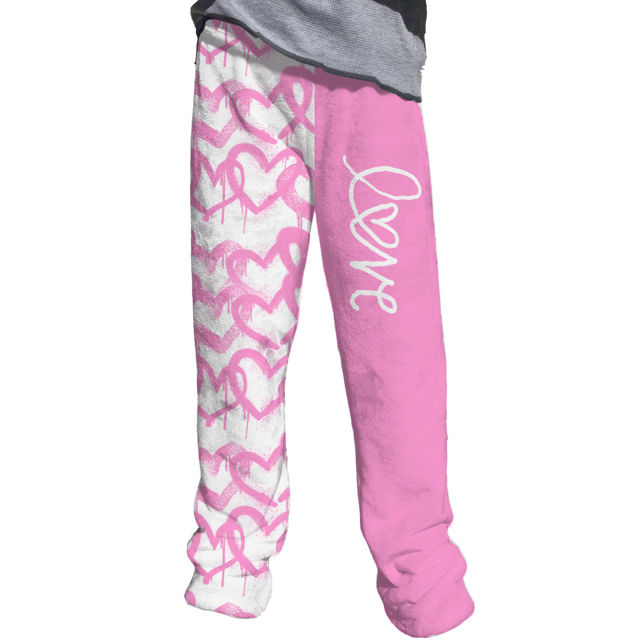 Soft pink fleece lounge pants with drippy heart design by Penelope Wildberry